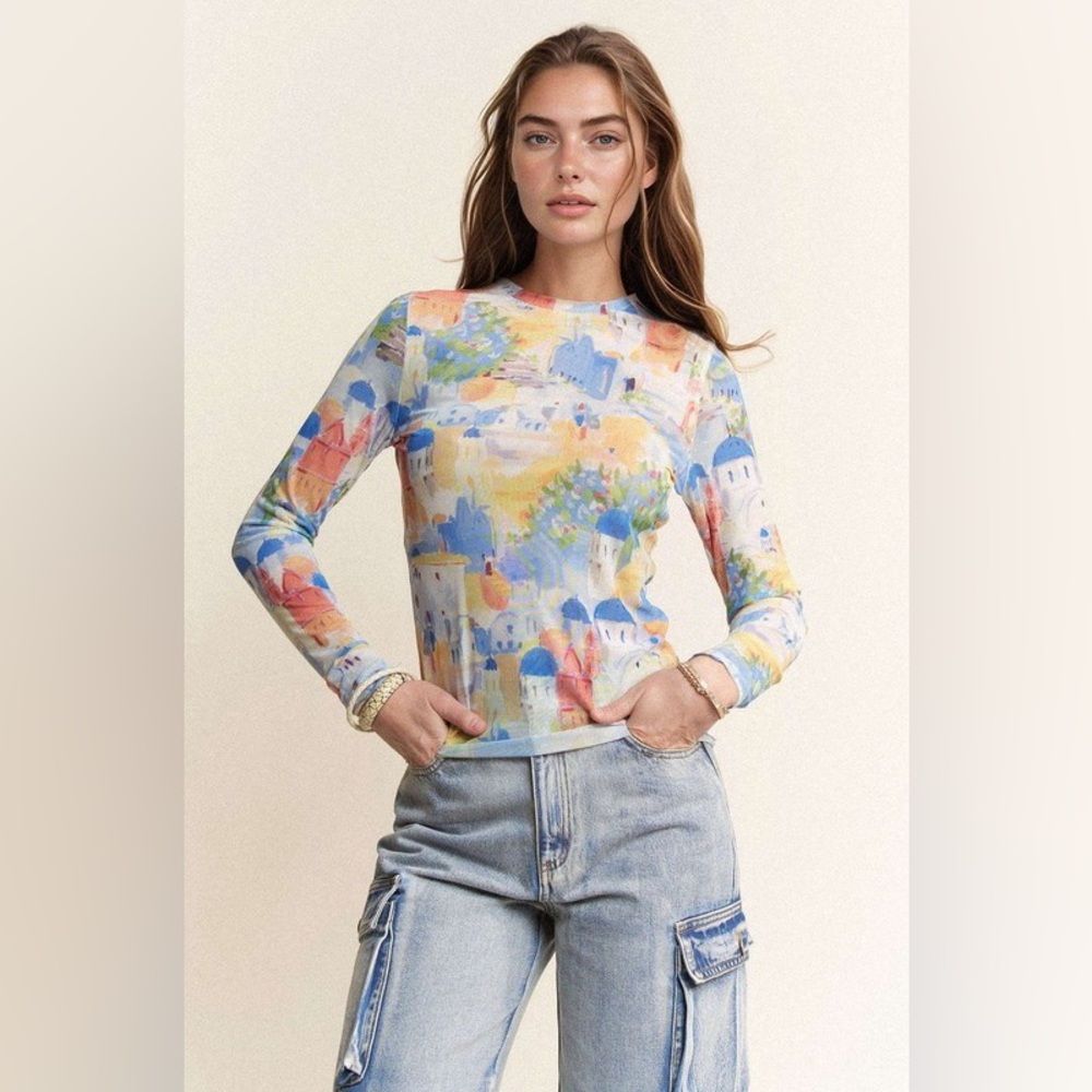 391B-BLUE. Colorful Vintage Building Print Mesh Top